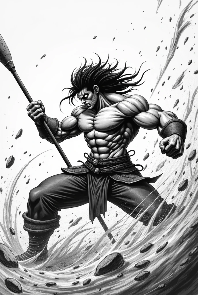 A muscular warrior in an intense action scene, wielding a long weapon such as a spear or staff, while carrying out a devastating attack. The character has a powerful stance, with his torso exposed and exaggerated muscles, demonstrating superhuman strength. Her dark, wild hair waves in the air, and his eyes shine brightly, conveying ferocity and determination. Kinetic lines and dramatic shading create a sense of speed and movement, while waves of energy or wind spin around it. The art style is classic manga, with strong contrasts in black and white, Capturing an epic, adrenaline-filled moment in the middle of a battle