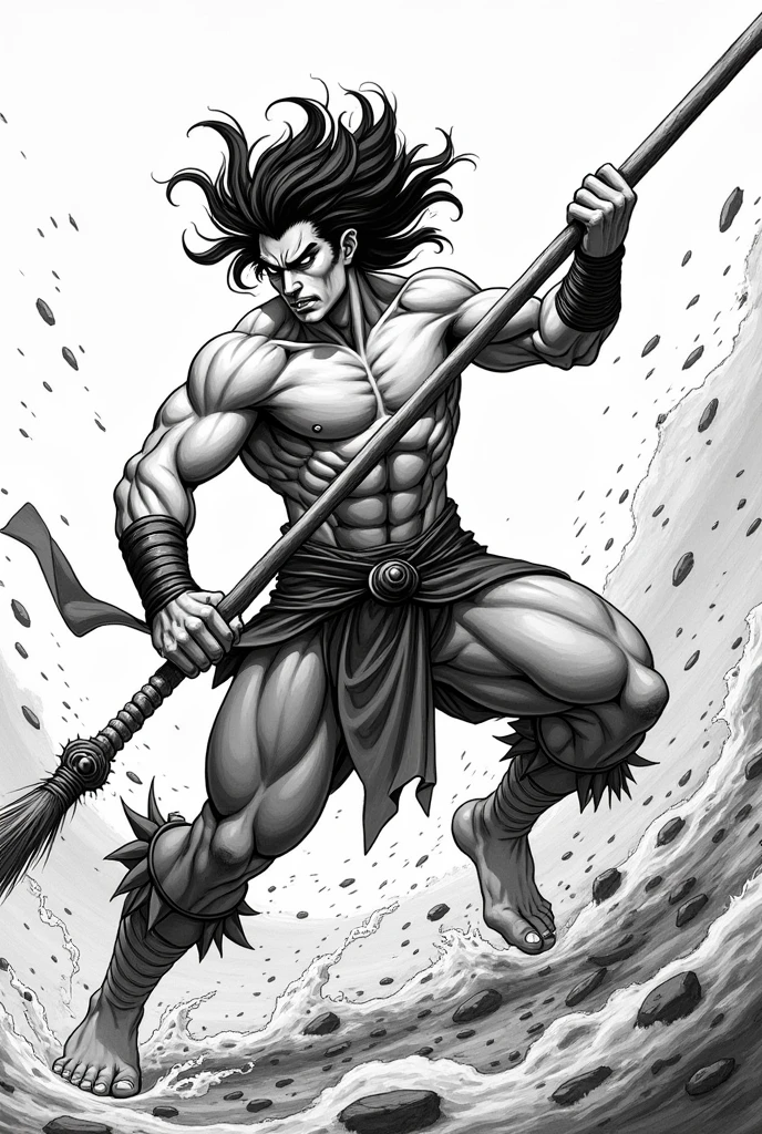 A muscular warrior in an intense action scene, wielding a long weapon such as a spear or staff, while carrying out a devastating attack. The character has a powerful stance, with his torso exposed and exaggerated muscles, demonstrating superhuman strength. Her dark, wild hair waves in the air, and his eyes shine brightly, conveying ferocity and determination. Kinetic lines and dramatic shading create a sense of speed and movement, while waves of energy or wind spin around it. The art style is classic manga, with strong contrasts in black and white, Capturing an epic, adrenaline-filled moment in the middle of a battle