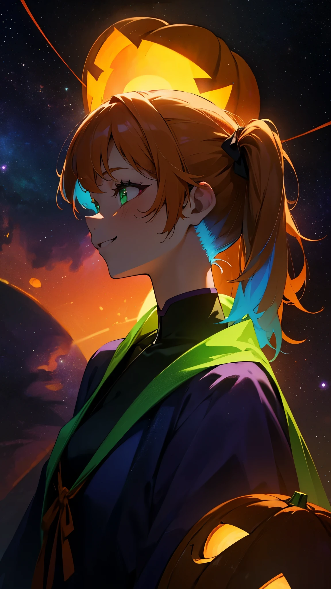 1 Girl、1、Orange Hair、glowing green eyes、Side Ponytail、Jack O'Lantern、Halloween、smile、smile、profile、Upper body close-up、Colorful starry sky、Iridescent aura、Purplish color、Outdoor、Shadow lighting