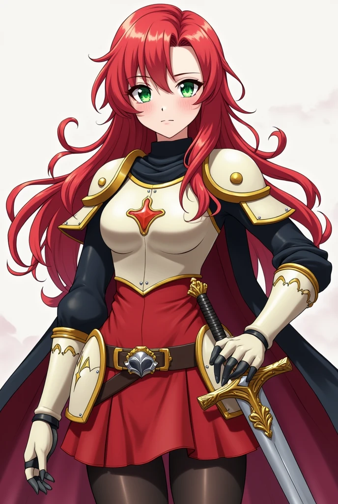 tsubaki yayoioi , blazblue, red hair, green eyes, long hair, tall female, warrior, sword, medieval, twin braids, priestess, holy, holy helmet, medium breasts, yellow cape, stylised helmet, light smile, full body, gold,european cloths, medieval , england, full body, christian, walking, solo focus, holding weapon