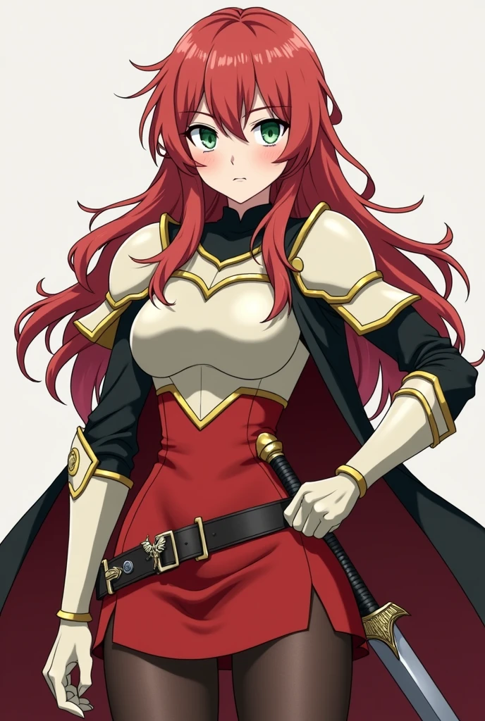 Do it in anime style and in a scenario of destruction in a castle and her in combat posture, Human 17 Skyler is a beautiful girl with long straight hair, of a vibrant red hue, that have wavy locks, providing it with volume. Her bangs are wavy and slightly disheveled., partially covering your forehead and part of your eyebrows.
His face radiates ferocity, with an angry grin and a savage expression of battle, your delicate and fine features, highlighted by freckles on the cheeks and a straight nose. Her big, bright eyes are green, standing out like precious gems. Thin eyebrows add intensity to your look.
Skyler is wearing a short, tight dress, strapless and with a straight neckline, in a scarlet tone that highlights your beautiful curves, while the skirt falls elegantly to mid-thigh.
Skyler wears a compact off-white metal breastplate that covers only her bust., with thick golden edges, leaving the shoulders and part of the abdomen unprotected. In the center of the chest, there is a small gold cross with slightly flared arms and tips that resemble arrows.
in the arms, long dark silk gloves extend past the elbows, each glove is equipped with a rectangular metal plate integrated into the back of the hands. On the forearms, whitish metal guards extend, integrating with the elbow pads, both decorated with golden flames on their surface.
Fitted to the waist, is a black leather belt with a gold buckle, where a long sword is sheathed. She wears black silk stockings that cover her legs above the knees.. The leg guards are white steel with gold flame details., covering the lower legs. Your boots are high, reaching below the knees, with integrated shin guards and robust triangular-shaped knee pads.
Over the shoulders, wears a long black cape with red lining, held by a silver griffin brooch, that flows elegantly along your back.
