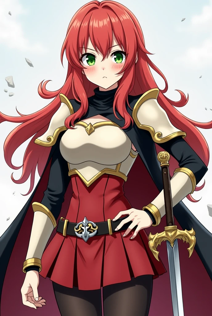 Do it in anime style and in a scenario of destruction in a castle and her in combat posture, Human 17 Skyler is a beautiful girl with long straight hair, of a vibrant red hue, that have wavy locks, providing it with volume. Her bangs are wavy and slightly disheveled., partially covering your forehead and part of your eyebrows.
His face radiates ferocity, with an angry grin and a savage expression of battle, your delicate and fine features, highlighted by freckles on the cheeks and a straight nose. Her big, bright eyes are green, standing out like precious gems. Thin eyebrows add intensity to your look.
Skyler is wearing a short, tight dress, strapless and with a straight neckline, in a scarlet tone that highlights your beautiful curves, while the skirt falls elegantly to mid-thigh.
Skyler wears a compact off-white metal breastplate that covers only her bust., with thick golden edges, leaving the shoulders and part of the abdomen unprotected. In the center of the chest, there is a small gold cross with slightly flared arms and tips that resemble arrows.
in the arms, long dark silk gloves extend past the elbows, each glove is equipped with a rectangular metal plate integrated into the back of the hands. On the forearms, whitish metal guards extend, integrating with the elbow pads, both decorated with golden flames on their surface.
Fitted to the waist, is a black leather belt with a gold buckle, where a long sword is sheathed. She wears black silk stockings that cover her legs above the knees.. The leg guards are white steel with gold flame details., covering the lower legs. Your boots are high, reaching below the knees, with integrated shin guards and robust triangular-shaped knee pads.
Over the shoulders, wears a long black cape with red lining, held by a silver griffin brooch, that flows elegantly along your back.