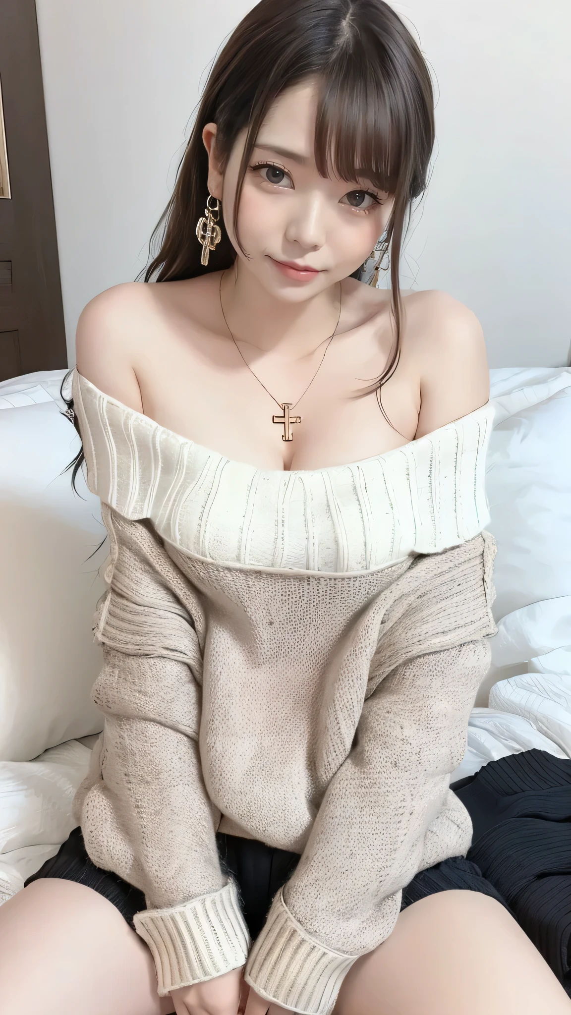 (off-shoulder sweater, oversized sweater), (hiden short pants), (cross-legged sitting, hands lying on thighs), on bed, best quality, masterpiece, earrings, necklace,