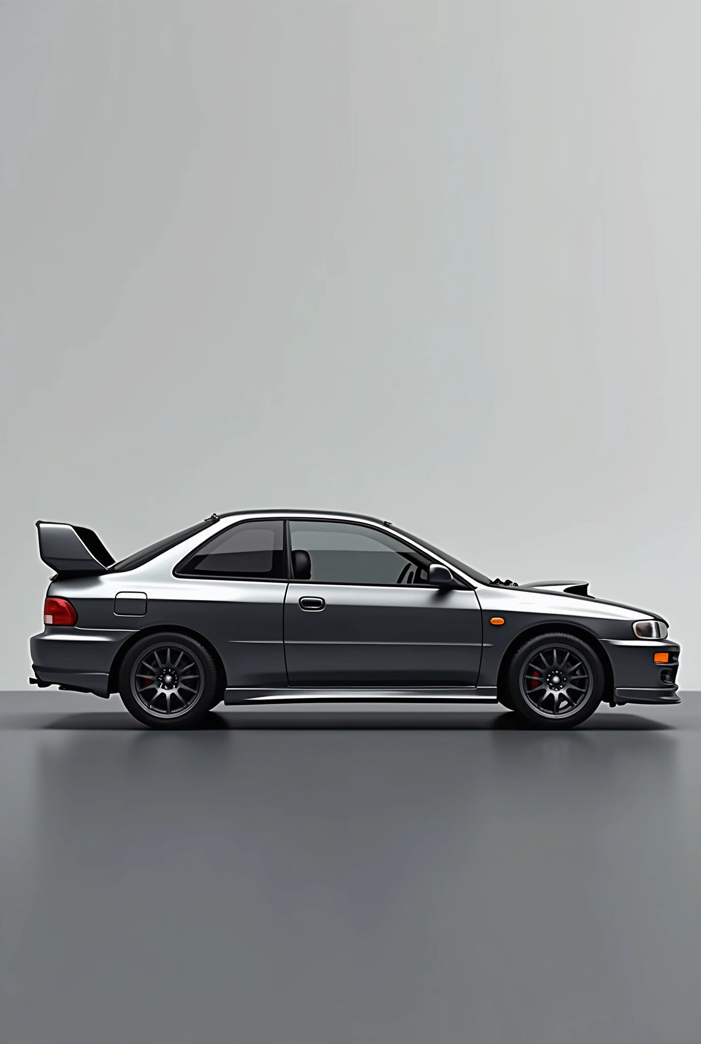 (photorealism:1.2), Subaru, impreza gc8, 1999, facelift, grey
color code lx7r, sideview, small wrx spoiler,