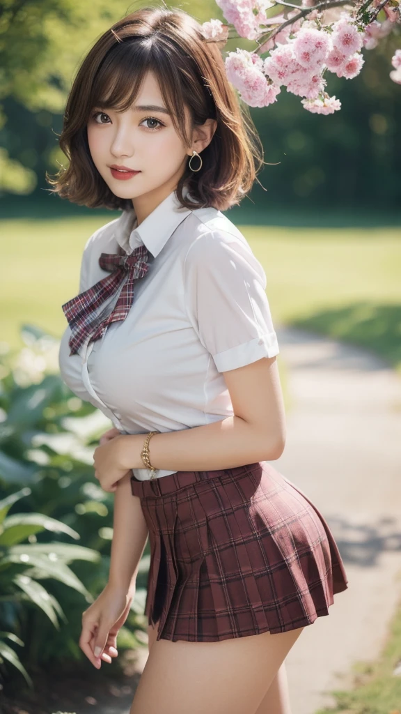 nsfw, 8K raw photo, Best quality, masterpiece, ultra high res, film grain, filmg, 1girl, looking at viewer, natural skin texture, realistic eye and face details, full lips, lipstick, (makeup), red eyeshadow, fluffy short hair, messy hair, smile, close mouth, beautiful legs, tall female, skinny, slim_legs, solo, enormous breast, cleavage, Pose with buttocks facing you, ultra short skirt, ass, shirt, beautiful nature location, around flower location, (detailed background), plaid skirt, white shirt, enormous breast, cleavage, Show a little cleavage through the shirt, loafers, blurry background, blurry, holding, plaid, short sleeves, jk ribbon on the neck, jk ribbon, brown hair, bracelet, water, bangs, school uniform, jewelry, parted lips, lips, from side, pleated skirt, depth of field