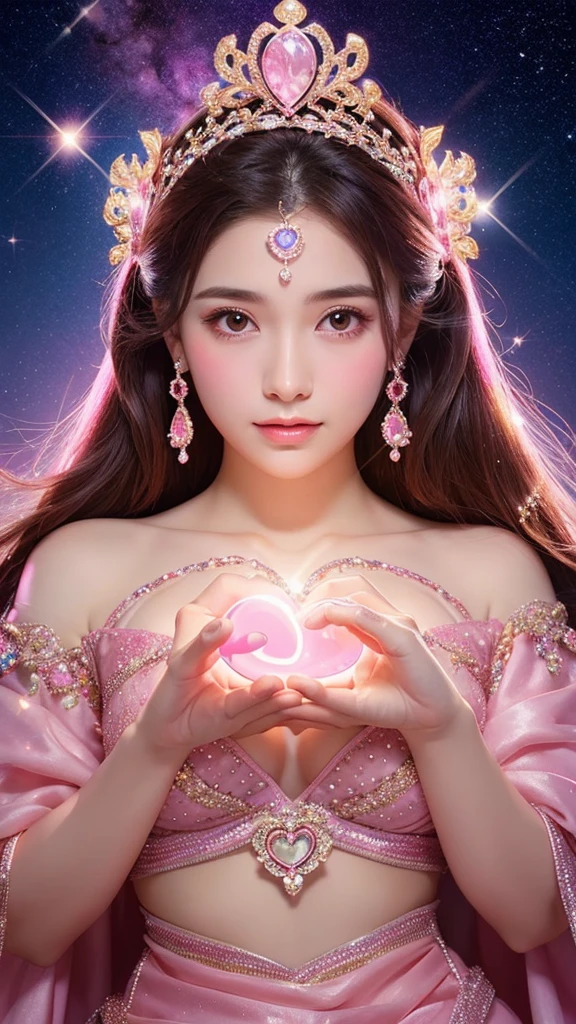 Goddess holding a heart-shaped pink stone　mysterious　Light Pink Background　Starry Sky　British goddess faces straight ahead　Sparkling　Light　Kind Face　Lovely impression