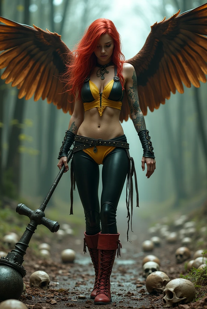 (((In extreme close-up a beautiful red-haired woman wearing a black leather top with yellow in the middle and (((Black leggings with yellow shorts or thong over the leggings))) red boots on a sheepdog Mace in a metal ball placed on the end of a cane or metal handle with rounded protuberances without spikes huge brown falcon wings that cover her entire body brown harness on her chest tattoos on one of her arms a long braid shaking in the wind on her knees screaming exhausted after an extensive battle skulls and blood cursed cemetery))),(((Giant brown wings that cover the entire body)))(((((((This suit is combined with the color cali green, yellow and black))))))
