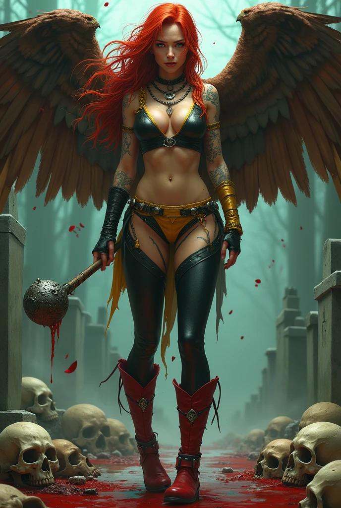 (((In extreme close-up a beautiful red-haired woman wearing a black leather top with yellow in the middle and (((Black leggings with yellow shorts or thong over the leggings))) red boots on a sheepdog Mace in a metal ball placed on the end of a cane or metal handle with rounded protuberances without spikes huge brown falcon wings that cover her entire body brown harness on her chest tattoos on one of her arms a long braid shaking in the wind on her knees screaming exhausted after an extensive battle skulls and blood cursed cemetery))),(((Giant brown wings that cover the entire body)))(((((((This suit is combined with the color cali green, yellow and black))))))