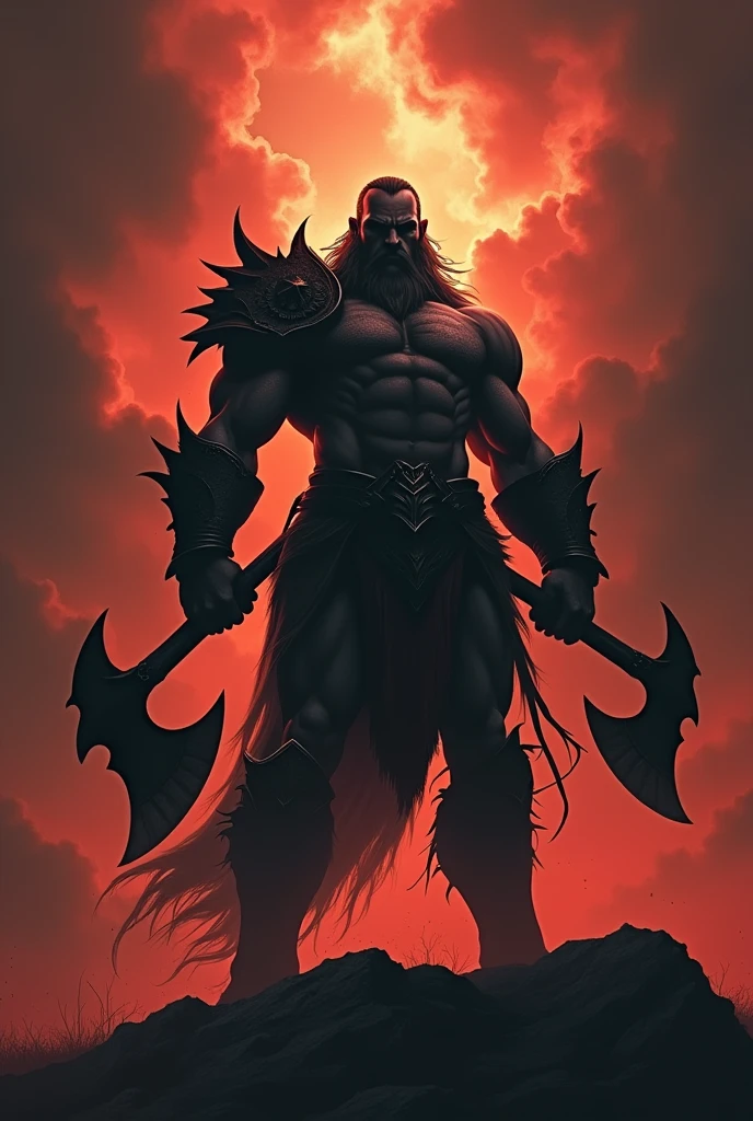 Dramatic silhouette of a Diablo video game style barbarism with dual axes, intense dramatic background, wallpaper, best quality, 4K,
