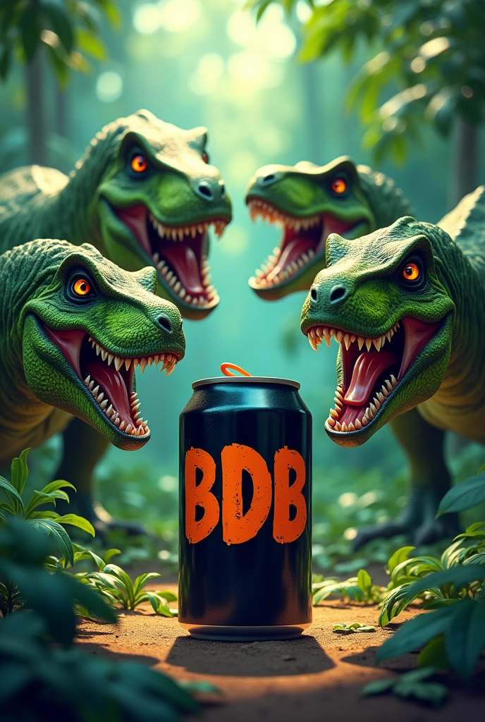 Plusieurs t-rex dans la jungle, ils sont verts, caché dans le feuillage, ils regarde fixement une canette noir avec ecris BDB dessus en orange, la canette est posée sur une pierre en premier plan et brille, ils bavent en la regardant pret a l’attaquer, les yeux sont agressif pret a sauter sur la canette, dessin animés, fun