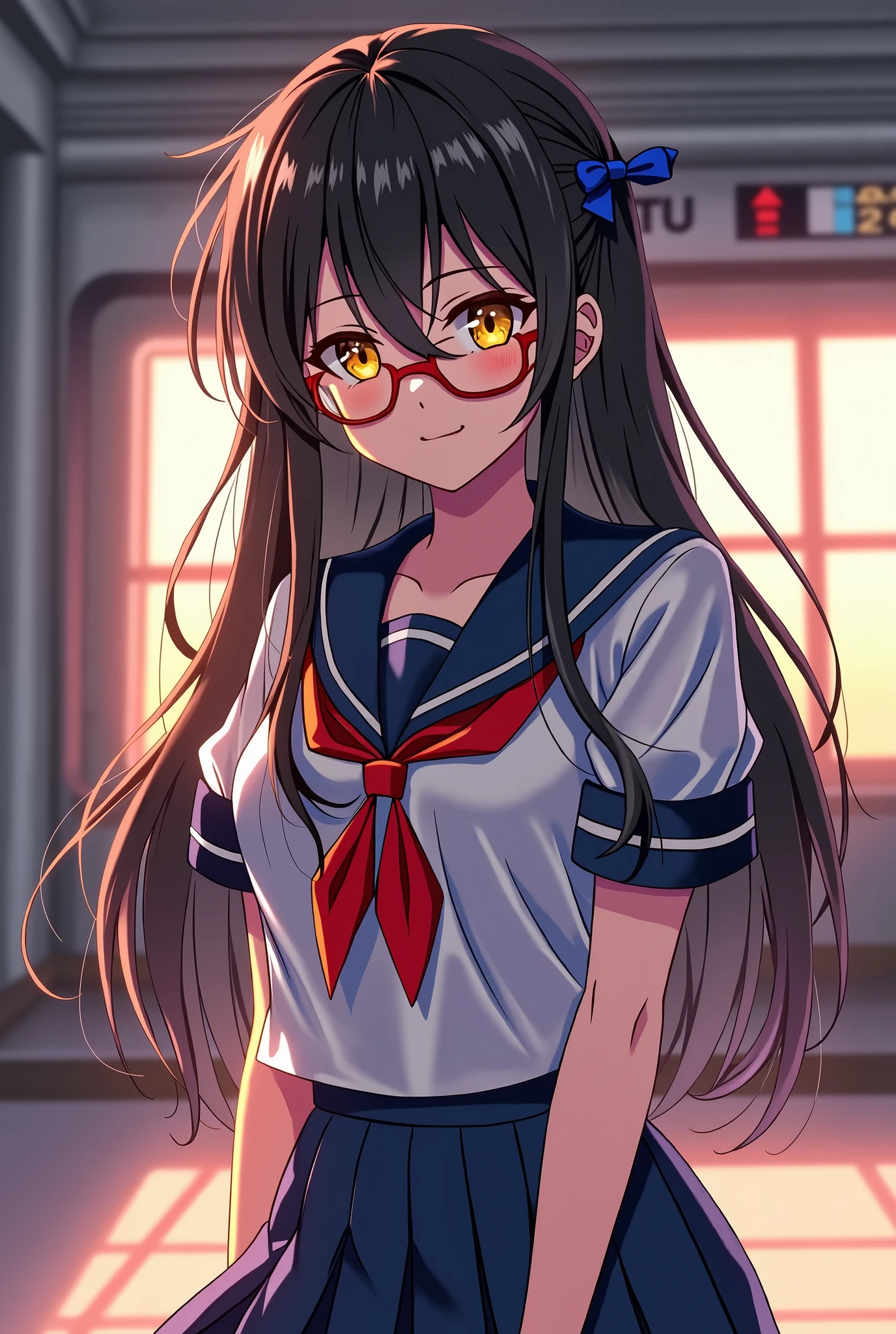 A girl in a school uniform, Wearing red framed glasses, Wearing a blue hairpin, Long Hair, Black Hair,Golden Eyes, Bright smile,Narrow waist, whole body, Large Breasts,Hair above the eyes, anime, Cinema Lighting, Cowboy Shot, 超High resolution, retina, masterpiece, Accurate, Anatomically correct, Textured skin, Super Detail, Attention to detail, high quality, Awards, 最high quality, High resolution, 8k