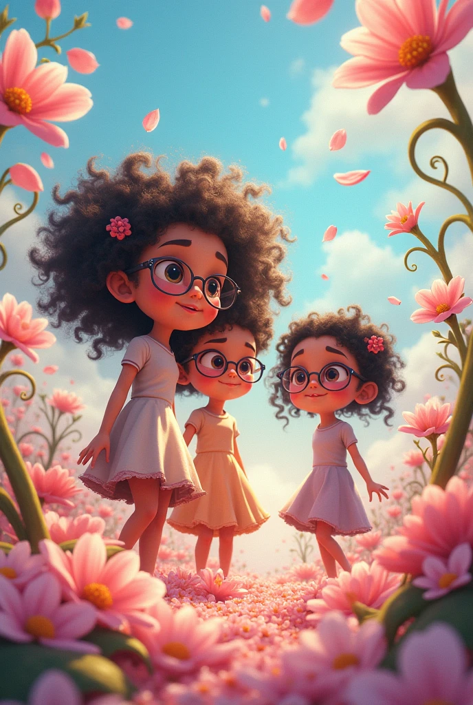 Three girls that are blossoms , one has curly hair, and the two others with glasses
(Make it like an blossom animated world)