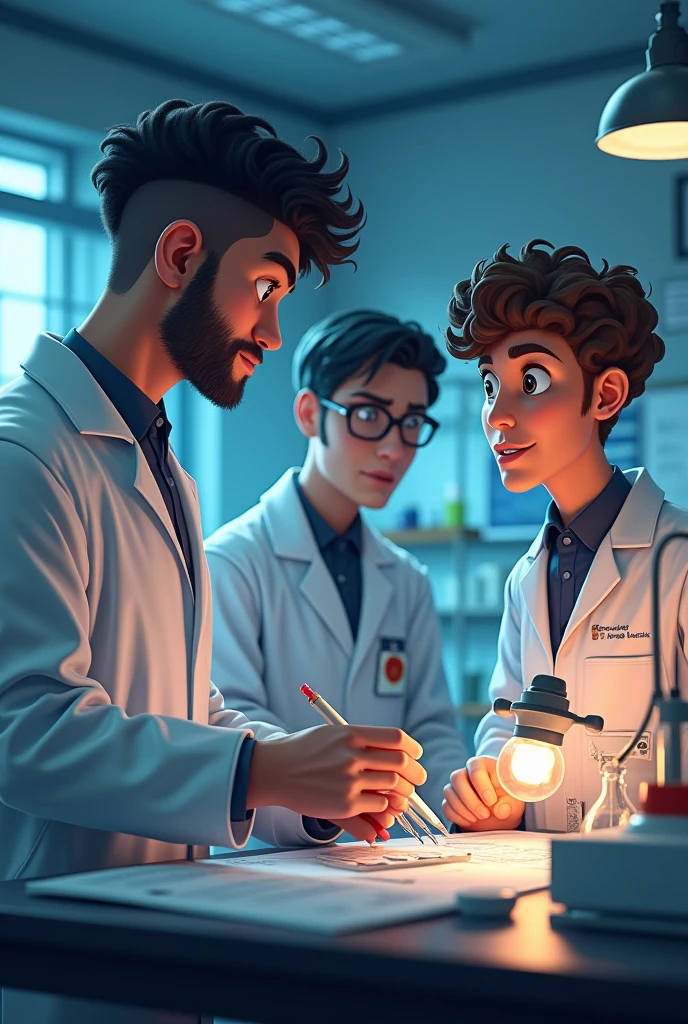 . creates three scientists, but one is a man of thin build with black hair and few curls with a taper fade. The other scientist who is a little taller than the man and has curly brown hair, And finally the last scientist who is a little shorter than the man and has straight black hair.