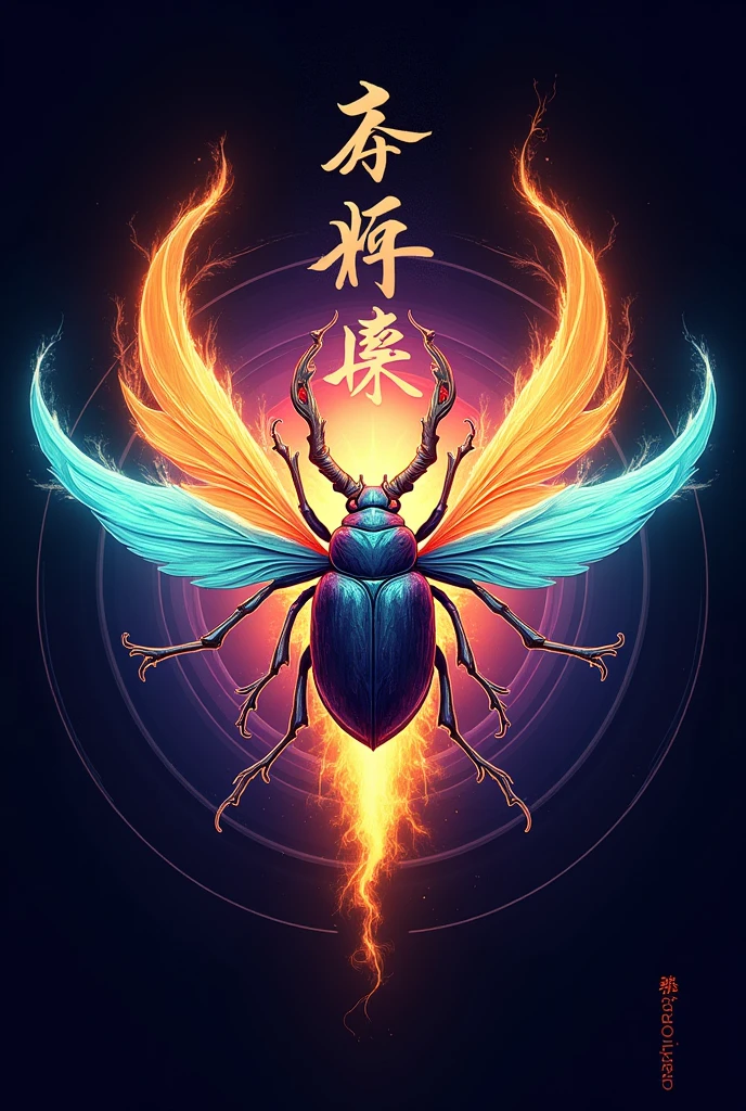 Create a Japanese style logo based on a kephri beetle projecting auras or ki from its outstretched wings using the colors fire orange, Light blue and lemon yellow with a background that fades from black to purple from the center outwards. Surrounding the image, write the word kephri 3d in Japanese-style font.
