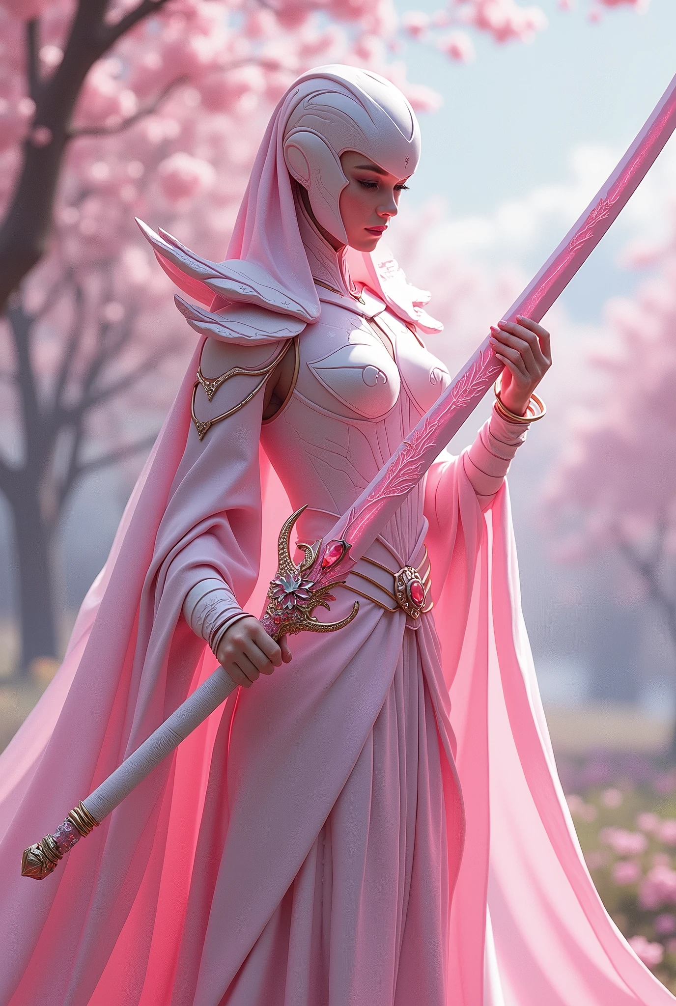 Sakurianas Warrior with the Sakura SwordThe tall, elegant warrior from the Sakurianas species is a vision of grace and power. She wears a unique armor made from a material that appears as delicate as Sakura petals but is 100 times stronger than diamond. The armor has a shimmering pink and white color scheme, resembling the natural hues of cherry blossoms. Intricate patterns of blooming Sakura flowers adorn the chest plate and shoulder guards, giving the armor an organic and fluid appearance. Her helmet, with a visor shaped like overlapping petals, completes the look, fitting perfectly to her form. Glowing pink veins of energy run through the armor, reflecting the regenerative and powerful nature of the wearer.In the warrior's hand is the Sakura Sword. This sword features a long, slightly curved blade forged from a pink metallic material that softly glows with a delicate aura. The blade is engraved with subtle designs of Sakura branches, which shimmer in shades of pink and gold as light hits it. The hilt is wrapped in pearl-white leather, adorned with rose gold accents, and at the base of the hilt, a small Sakura flower carved from rose quartz adds a final touch of elegance. The minimalist guard of the sword, decorated with small pink crystals, echoes the delicate branches of a cherry blossom tree.