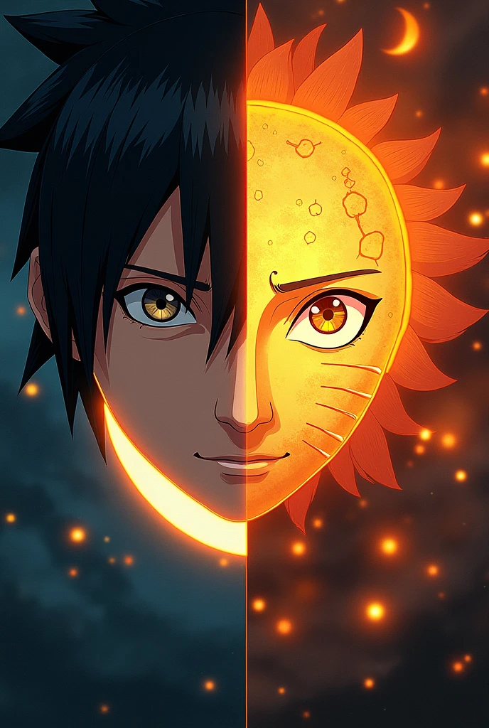 One half sasuke and the other half Naruto in the background sasuke is a moon and Naruto has a sun and make a line through the middle
