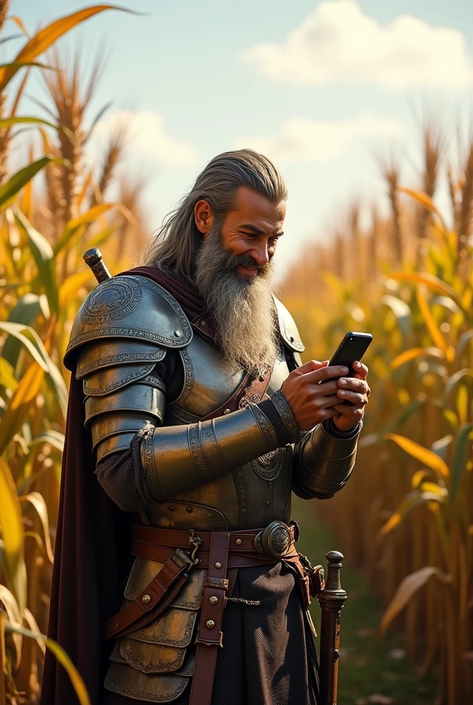 Warrior with swords looking at his phone happily and corn in the background