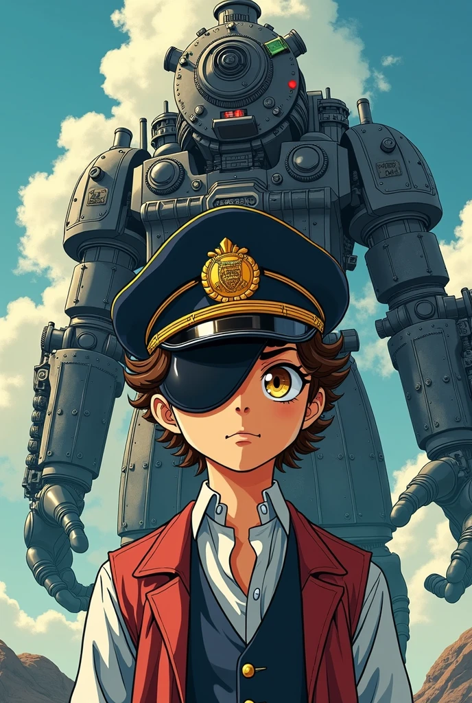 manga style poster with in the foreground a young boy with curly brown hair and yellow eyes dressed like a loyal gentleman with an admiral's cap and a mask covering the left half of his face And in the background a huge monster made of train parts