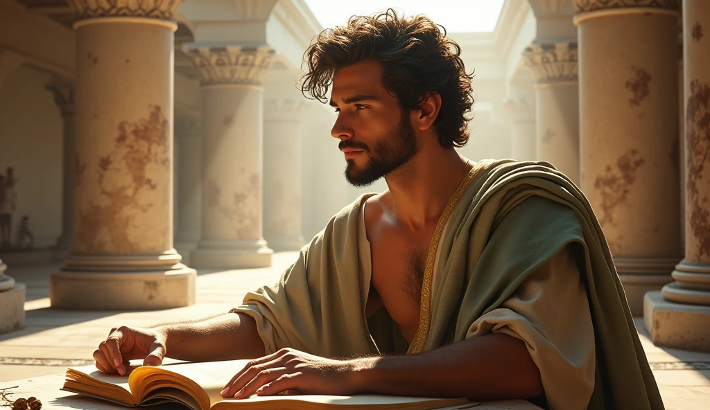 A young, handsome Stoic philosopher with a well-proportioned and attractive physique, sun-kissed skin, very short and well-trimmed beard, and wavy and well-styled hair. He is dressed in classic tunics in soft earthy tones - gray, brown, and olive green - with subtle gold and copper details, which fall gently on his body, subtly revealing his shoulder. He is depicted in a bright, open Roman forum or study, engaging in a lively discussion with other scholars or examining new scrolls and texts. The environment is filled with books, open scrolls, and natural light streaming through large windows or open spaces, symbolizing openness to new perspectives and the pursuit of truth. The scene is painted in an impressionist style, with dramatic brushstrokes capturing clear, warm light and an inviting atmosphere to represent the philosopher's transformation and acceptance of reality. Camera shot: medium shot, Camera: Canon EOS R6 Mark II, Lens: 85mm, Film stock/Resolution: High Resolution, Quality: 4K, hyperrealistic, Render: Unreal Engine 5.