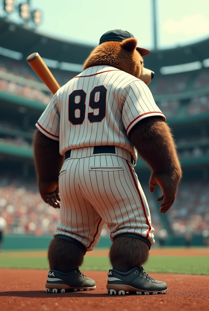 Create an image of a very aggressive and muscular Japanese bear wearing a baseball outfit at the stadium and this bear is facing away with the baseball bat resting on its shoulder. It was full 4K image high quality photo realistic Made composition in photoshop Cinematic With 50 mm lens background blur the image has to transmit Energy creativity of dynamism