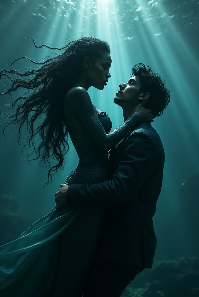 A black ethereal mermaid luring a black man into the depths of the ocean. Ultra high quality.