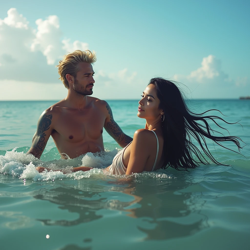 A beautiful Instagram model, (long black hair , with her boyfriend, blonde, tattoos, beach hair
