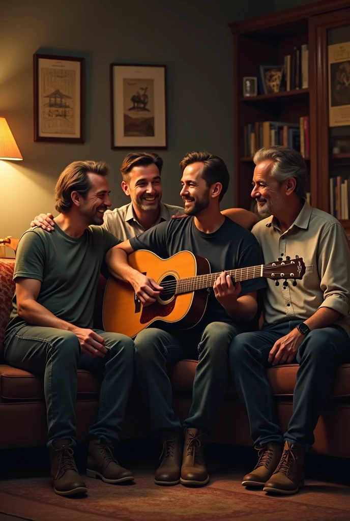 A 4 man sitting with a guitar 
