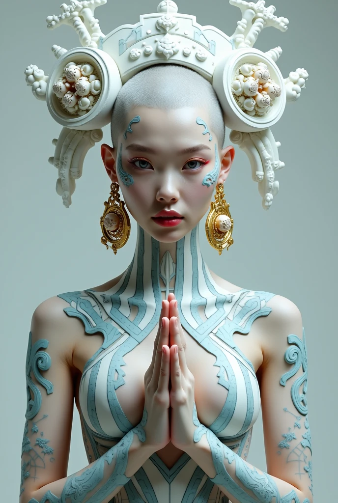 A striking portrait of an Asian woman with an elaborate futuristic design. Her head is shaved and painted white with intricate light blue patterns resembling circuitry or tribal tattoos. She wears an ornate headdress featuring two white sculptural elements with miniature human figures. Large, ornate gold earrings hang from her ears. Her face has subtle makeup with reddish eyeshadow and deep red lips. She holds her hands together in a prayer-like pose. Her upper body is adorned with more light blue tattoo-like designs. The background is a neutral grey, emphasizing the details of the costume and makeup. The overall aesthetic blends elements of high fashion, cyberpunk, and traditional Asian imagery.