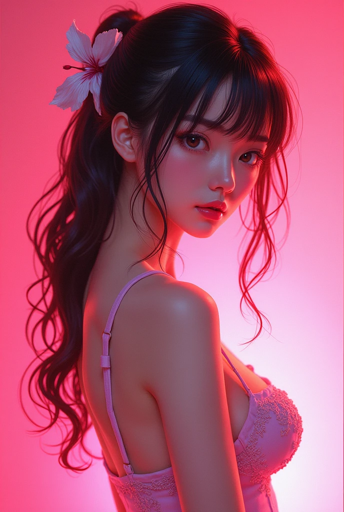 best quality, hot pink artwork, white line art, beautiful japanese girl self portrait, light up, big detailed eyes, ulzzang, ((huge breasts)), cleavage, arms behind back, 
