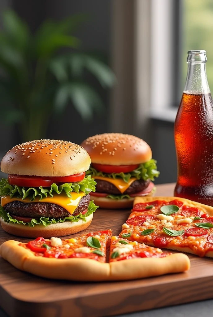 2 burgers + 4 slice pizza +soda 1.5