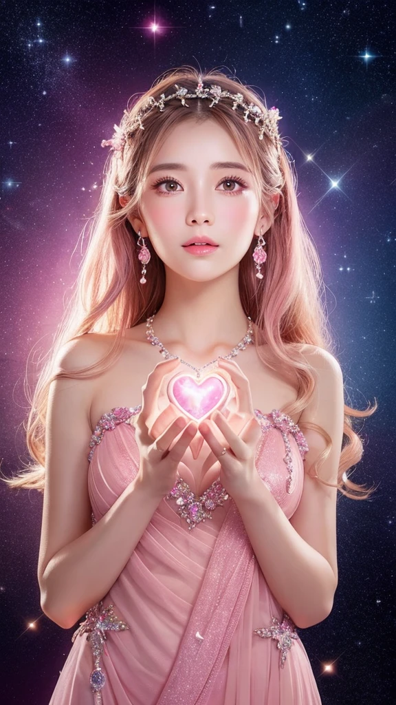 Goddess holding a heart-shaped pink stone　mysterious　Light Pink Background　Starry Sky　
The Goddess faces straight ahead　Sparkling　Light　Kind Face　The facial features are clear　Englishman