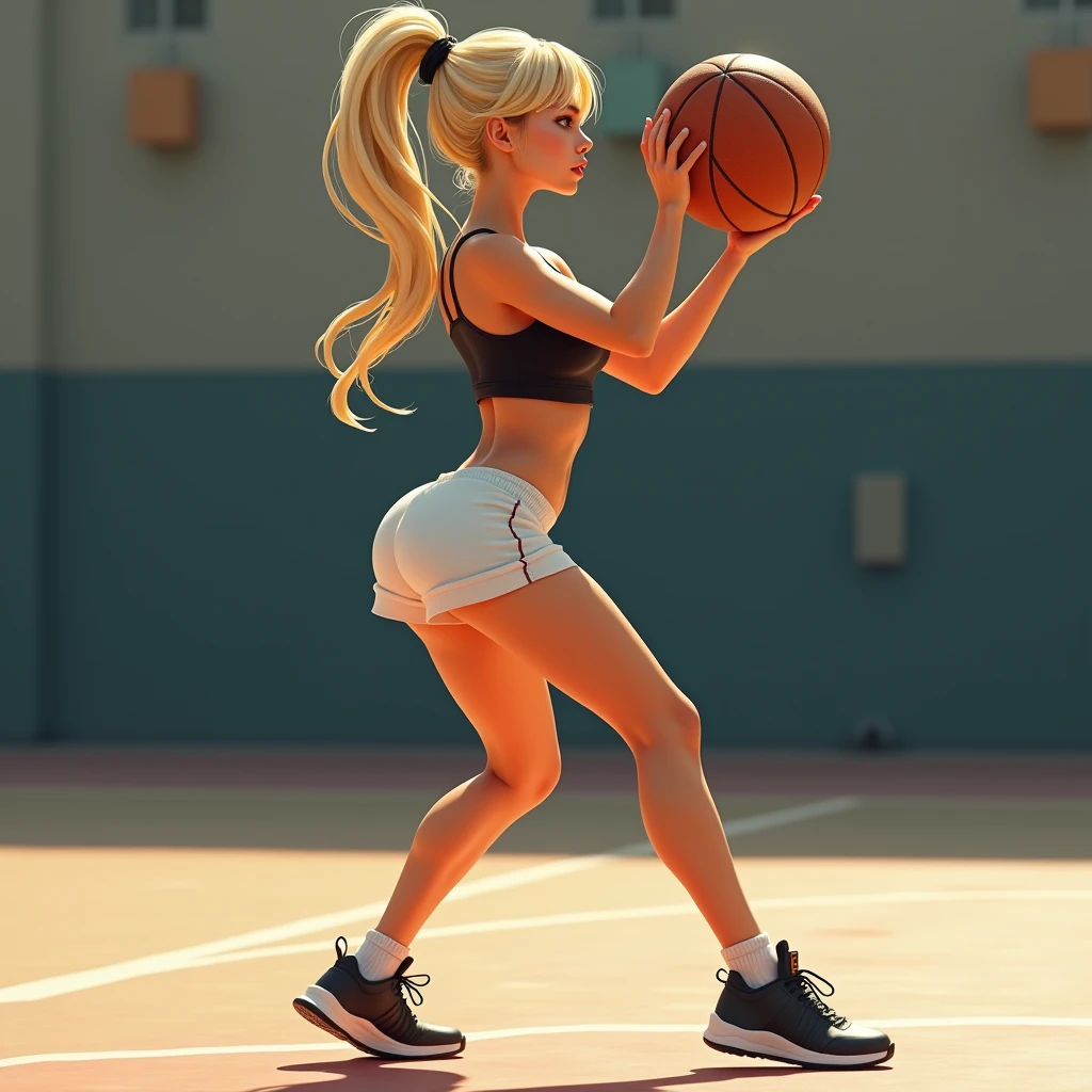 Gorgeous Blonde , is playing basketball, wearing basketball shoes, a very short white mini skirt, and a sexy black top. Her hair is tied in a ponytail. she shoot the ball .