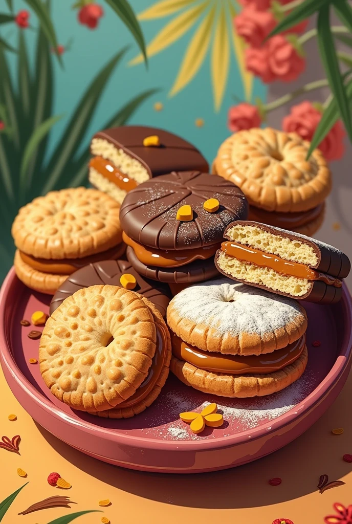 Create an illustration of delicious Venezuelan alfajores with the title Kiris