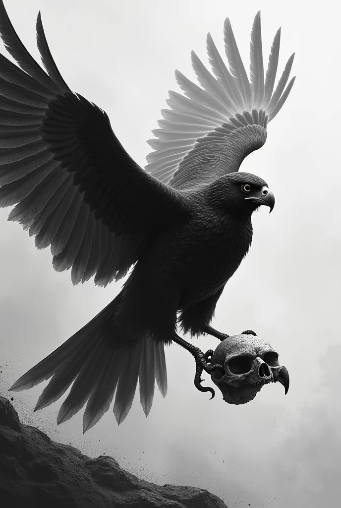 A black and white Falcon carrying a skull in its talons