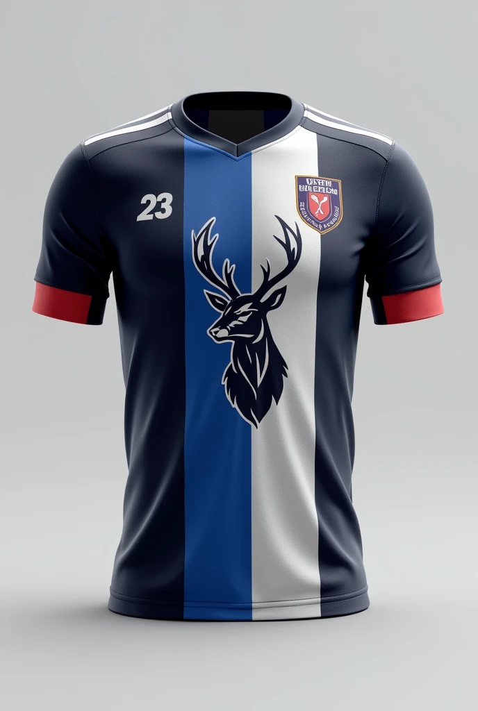 UNIFOrmE SENCILLO Y ELEGANTE PArA EL EQUIPO DE VENADITOS B.r.m. CON UN VENADO EN LA PArTE FrONTAL, COLOrES DEL UNIFOrmE AZUL CIN BLANCO Y VIVOS EN NEGrO Y rOJO CON COLOrES DIFUmINADOS