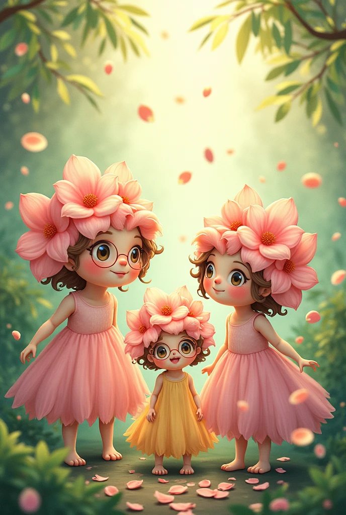 Three girls that are blossoms , one has curly hair, and the two others with glasses
(Make it like cute blossom creatures