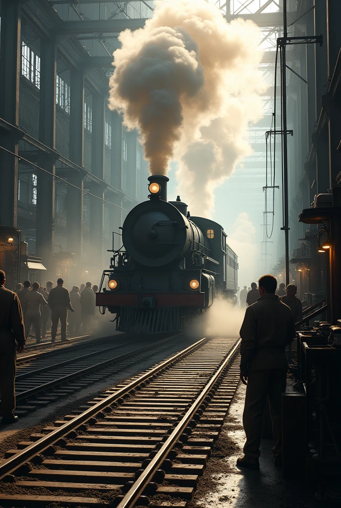 A factory with workers working or a steam train, symbol of industrial progress.