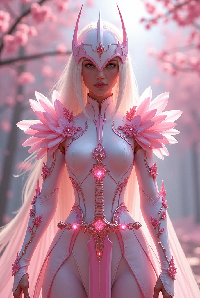 Sakurianas Warrior with the Sakura SwordThe tall, elegant warrior from the Sakurianas species is a vision of grace and power. She wears a unique armor made from a material that appears as delicate as Sakura petals but is 100 times stronger than diamond. The armor has a shimmering pink and white color scheme, resembling the natural hues of cherry blossoms. Intricate patterns of blooming Sakura flowers adorn the chest plate and shoulder guards, giving the armor an organic and fluid appearance. Her helmet, with a visor shaped like overlapping petals, completes the look, fitting perfectly to her form. Glowing pink veins of energy run through the armor, reflecting the regenerative and powerful nature of the wearer.In the warrior's hand is the Sakura Sword. This sword features a long, slightly curved blade forged from a pink metallic material that softly glows with a delicate aura. The blade is engraved with subtle designs of Sakura branches, which shimmer in shades of pink and gold as light hits it. The hilt is wrapped in pearl-white leather, adorned with rose gold accents, and at the base of the hilt, a small Sakura flower carved from rose quartz adds a final touch of elegance. The minimalist guard of the sword, decorated with small pink crystals, echoes the delicate branches of a cherry blossom tree.