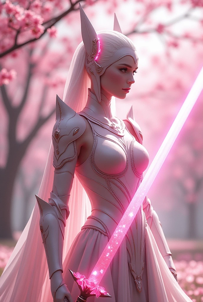 Sakurianas Warrior with the Sakura SwordThe tall, elegant warrior from the Sakurianas species is a vision of grace and power. She wears a unique armor made from a material that appears as delicate as Sakura petals but is 100 times stronger than diamond. The armor has a shimmering pink and white color scheme, resembling the natural hues of cherry blossoms. Intricate patterns of blooming Sakura flowers adorn the chest plate and shoulder guards, giving the armor an organic and fluid appearance. Her helmet, with a visor shaped like overlapping petals, completes the look, fitting perfectly to her form. Glowing pink veins of energy run through the armor, reflecting the regenerative and powerful nature of the wearer.In the warrior's hand is the Sakura Sword. This sword features a long, slightly curved blade forged from a pink metallic material that softly glows with a delicate aura. The blade is engraved with subtle designs of Sakura branches, which shimmer in shades of pink and gold as light hits it. The hilt is wrapped in pearl-white leather, adorned with rose gold accents, and at the base of the hilt, a small Sakura flower carved from rose quartz adds a final touch of elegance. The minimalist guard of the sword, decorated with small pink crystals, echoes the delicate branches of a cherry blossom tree.