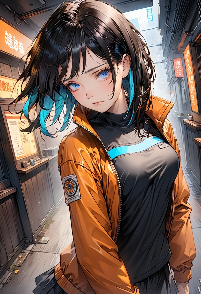 illustration, detailed illustration, ultra detailed, dynamic angle, cyberpunk, 50 year old woman, medium black hair, hair with cyan streaks, mismatched eyes, orange eye, blue eye, lean, medium breasts, black leather top, orange leather jacket, tired expression, cowboy shot, dark bar interior, dark environment