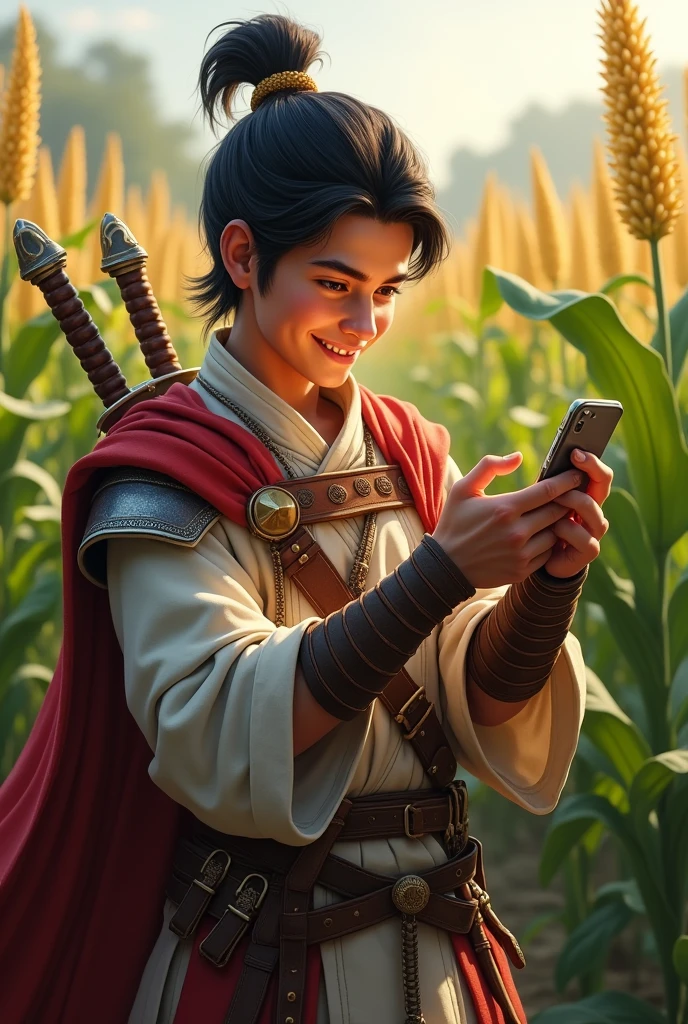 Young warrior with swords looking at his phone happily and corn in the background