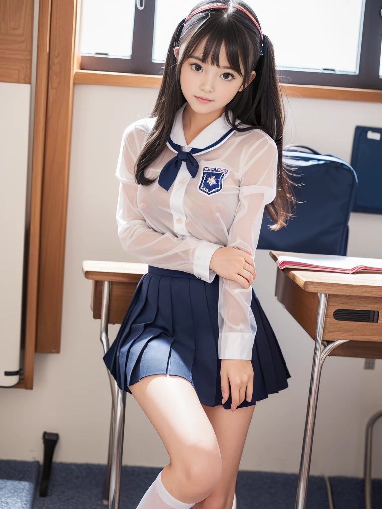 ((high quality,high resolution,High definition,8k)),School classroom,Baby Faced Girl,Long Black Hair,Red ribbon on hair,Navy blue long skirt,Japanese Sailor Suit,Blue and white slippers,White socks,Study desk learning,((((very cute)))),((What to wear(School uniform) or sexy see-through underwear or completely naked)),(((When you&#39;re naked　perfect pussy))),((Realistic schoolgirl vagina:1.2)),(Very childlike),(((Close legs or open legs exposed)))