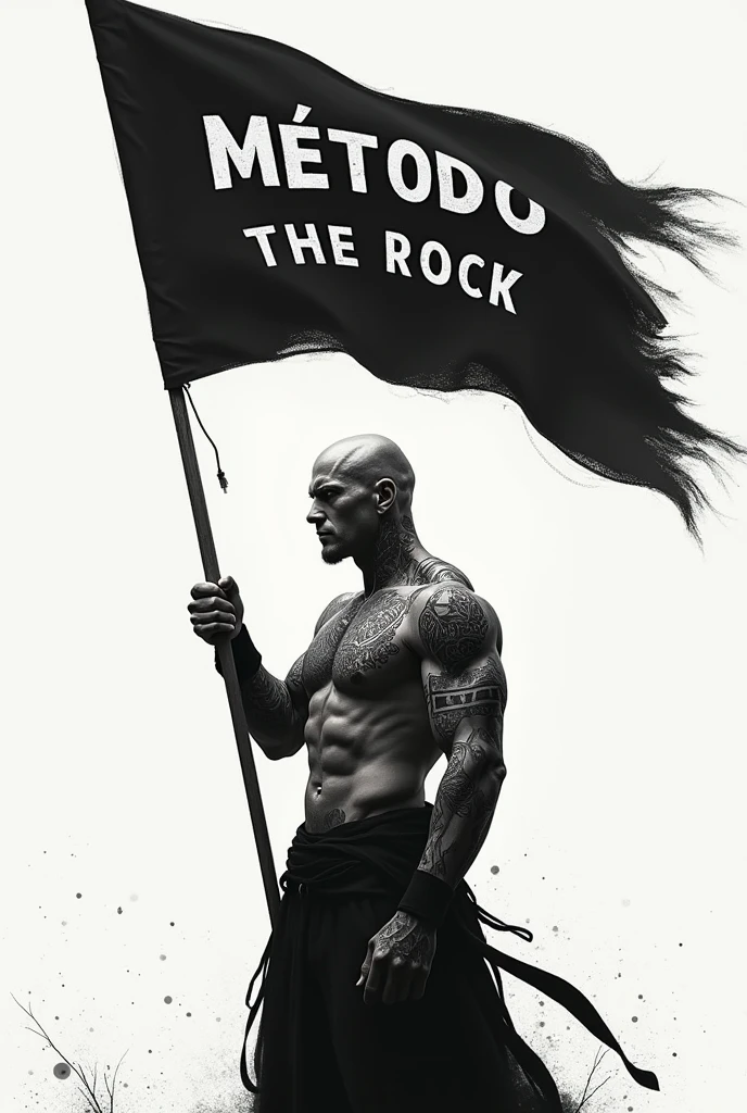 baldie, strong and tattooed with a black flag with white letters saying MÉTODO THE ROCK in capital letters