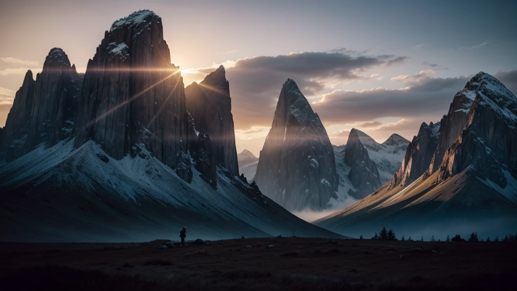 "A rugged mountain range, all in tones of celestial blue, stands tall against a darkening sky. The peaks are sharp and imposing, yet they exude a serene beauty. The solitary man is seen climbing up one of the slopes, determined but at peace, as he listens to a voice only he can hear. The light of the setting sun casts long shadows, and a subtle halo of light hovers above the man, signifying divine guidance. The overall mood is one of awe and reverence."