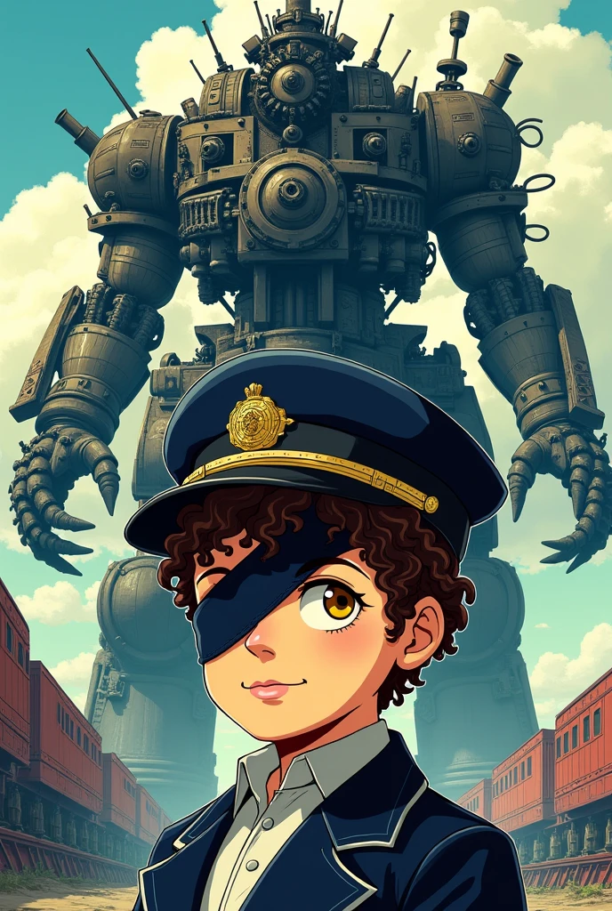 
manga style poster with in the foreground a young boy with curly brown hair and yellow eyes dressed like a loyal gentleman with an admiral&#39;s cap and a mask covering the left half of his face And in the background a huge monster made of train parts