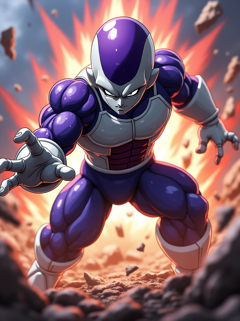 Un puissant personnage d'anime, Freezer, est accroupi, ses yeux plissés de détermination. Sa main droite est tendue, les doigts recourbés, prêt à frapper. L'éclairage est dramatique, mettant en valeur ses muscles et l'intensité de son expression. L'arrière-plan est un flou de couleurs et de mouvements, suggérant une bataille chaotique. Art numérique, style anime, Style Eiichiro Oda, composition dynamique, contraste élevé, couleurs vives, détails texturés, arrière-plan flou de mouvement.