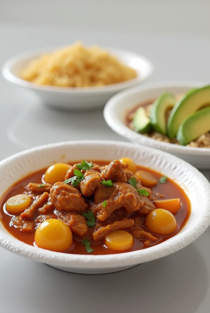 (photorealism:1.2), Styrofoam plate with ajiaco, Next to it is a styrofoam plate with rice and avocado