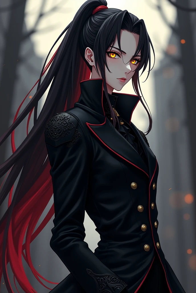 Create a white MALE anime style character with long, voluminous black hair tied in a ponytail with some red streaks and yellowish eyes and wearing a black Gothic coat.