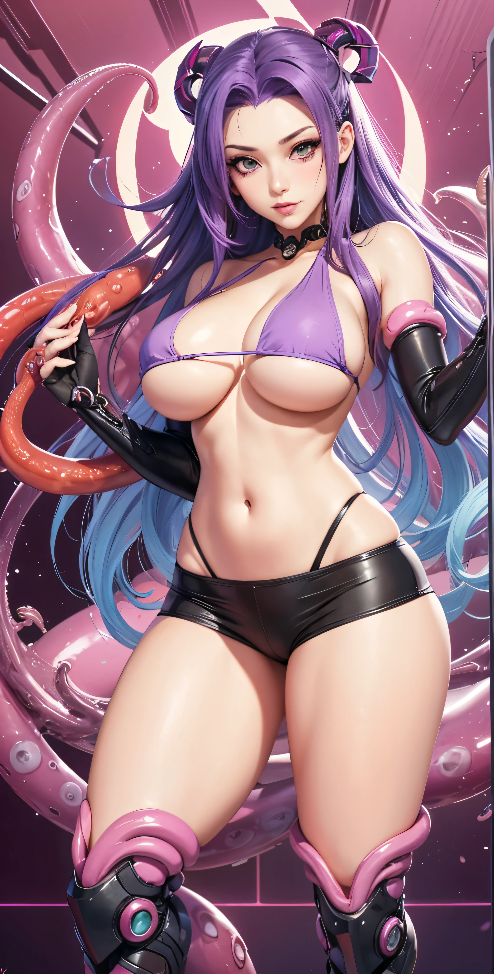 a cartoon picture of a woman with long purple hair and a pink top, seductive anime girl, oppai cyberpunk, oppai, thicc, biomechanical oppai, marin kitagawa fanart, kda, ahegao, juri misaki, , fine details. anime. tentacles, commission for high res, irelia from league of legends