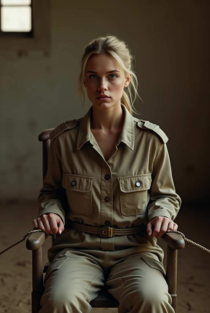 Photorealistic. 20 year old female soldier, slender and thin, bust size 32e, Her hair is blonde and combed in a ponytail, Her face is beautiful and symmetrical. He is wearing a desert camouflage military uniform., Military camouflage pants and military camouflage shirt., The girl is tied to a chair as a prisoner, Your clothes look dirty, She is tied with a rope to a chair in a dark, sandy room where only light comes in from a window.. Anti-Aliasing Ultra High, intricate detail, art station, Virtual Engine, DOF, Super resolution, megapixel, FKA, THAI, rtx, SSAO, Post-processing, Post-production, Tone Mapping, cgi, VFX, SFX, Crazy detail and complexity, ultra realistic Ultra Detail, super detail, realistic, ultra realistic, Unreal Engine, 8k, masterpiece, best quality, Ray Tracing, depth of field, cinematic lighting, octane rendering, clear focus, anatomy, Ultra-realistic skin texture, high-detail eyes, from above view, --AR 3:2.